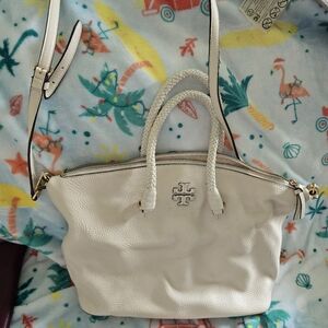 Tory Burch Cream Shoulder Bag with Pebbled Texture